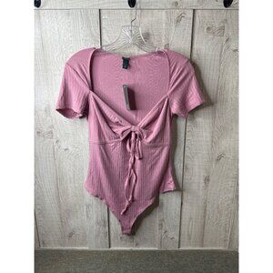 Pink Ribbed Tie-Front Bodysuit Wild Fable Polyester Blend Short Sleeve Medium